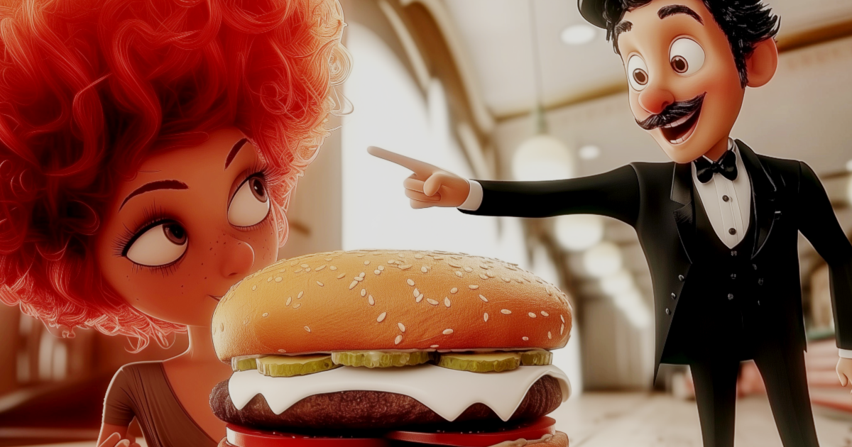 A man in a tuxedo points at a red-headed woman hiding behind a large assembled hamburger in a food court.