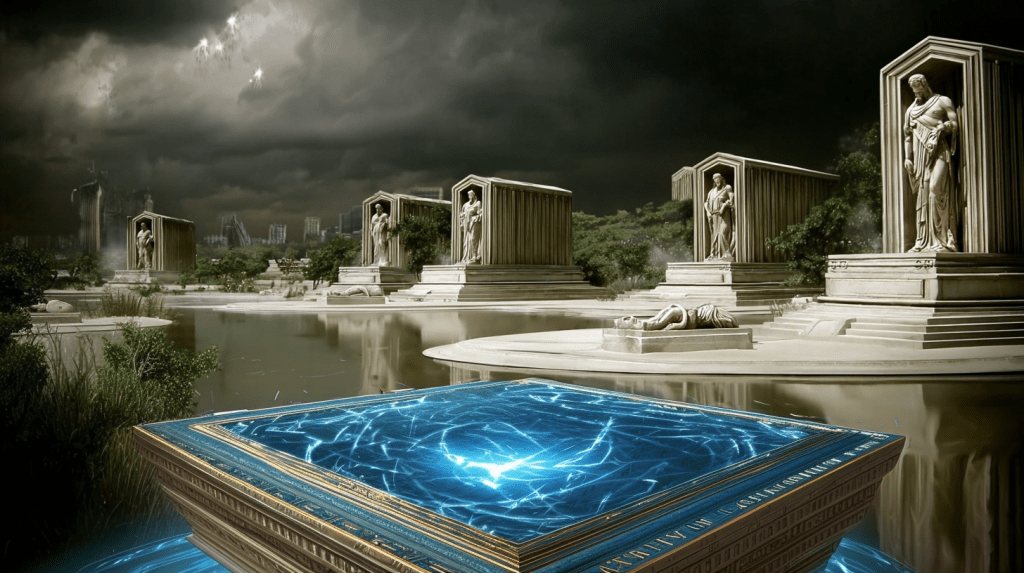 The Tablet of Iris in the foreground and large statues of the gods of Olympus, a dark storm approaches.