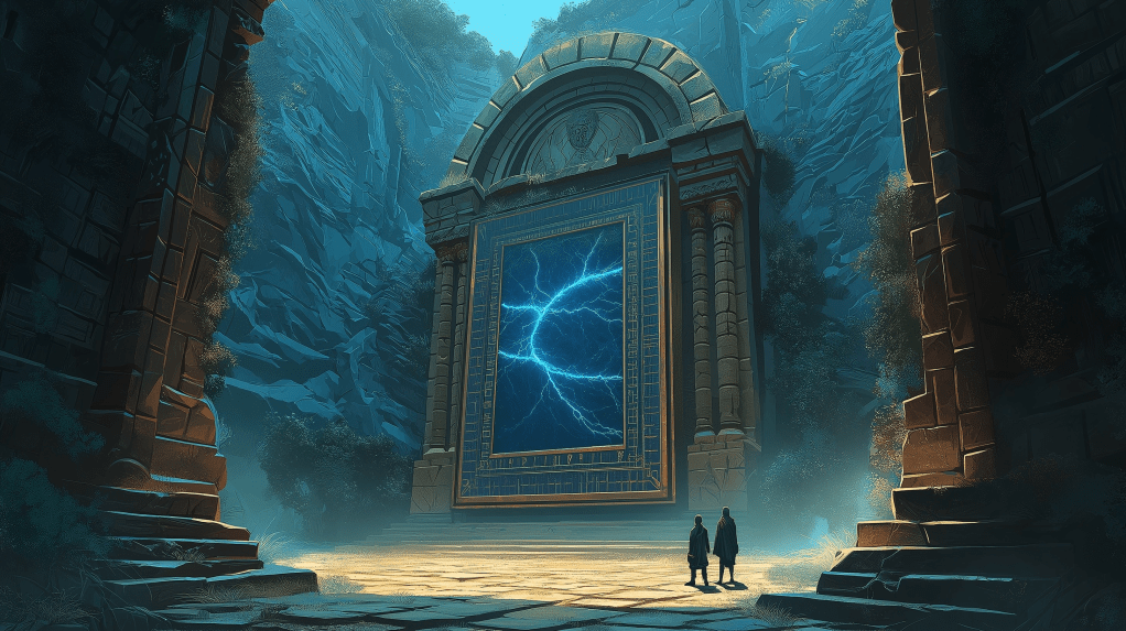 Two men, First and Second Scribes, stand in front of a 6 story tall ornate ancient monolith with active lightning contained on it's giant facade.